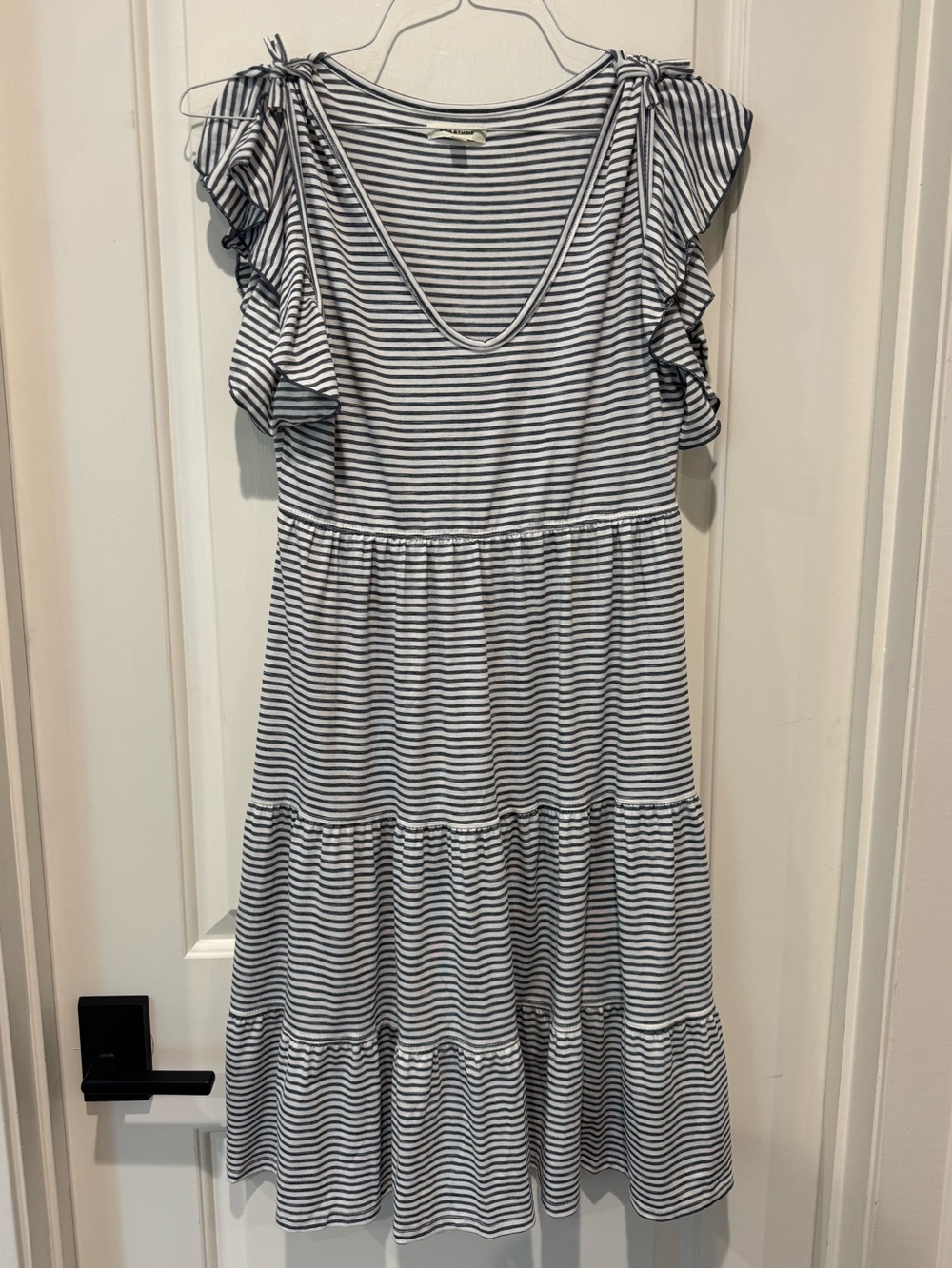 Max Studio Navy & White Striped Tiered Midi Dress